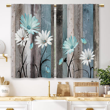 Teal Farmhouse Daisy Kitchen Curtains Wooden Flower Small Short Cafe Window Curtains Rustic Floral Butterfly Country