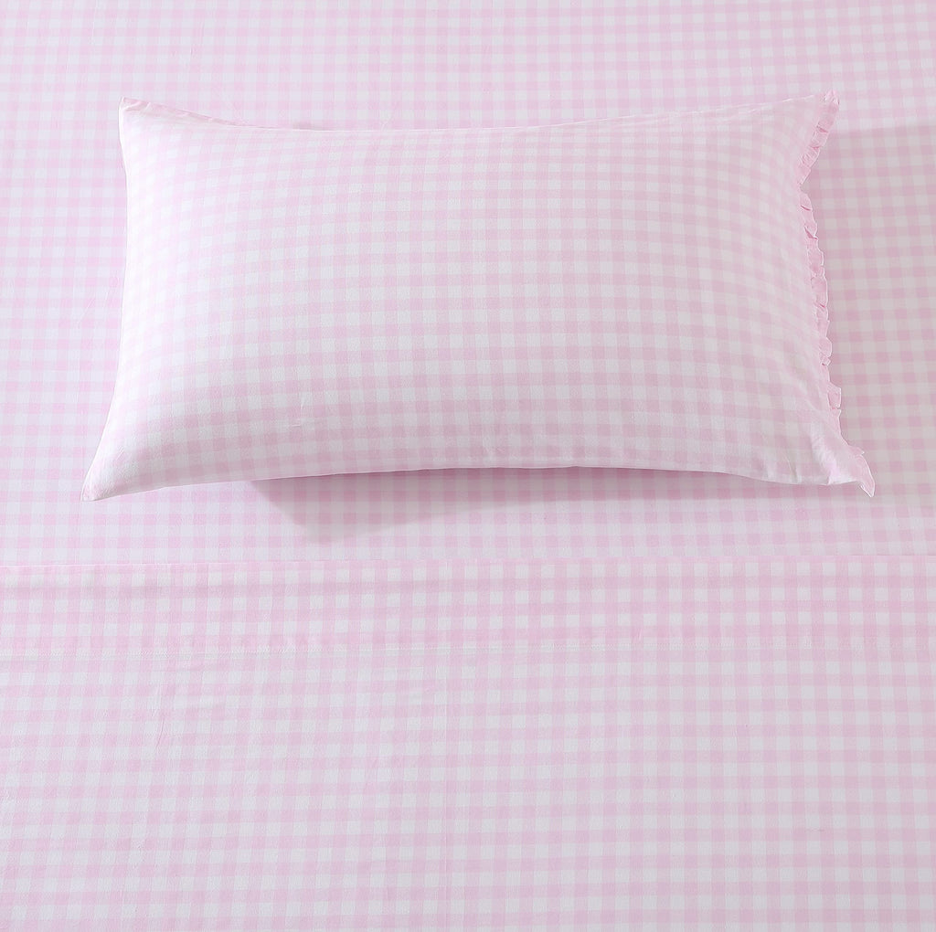 King Sheets, Soft & Breathable Organic Cotton Bedding Set, Classic Style Home Decor with Ruffled Pillowcases (Gingham