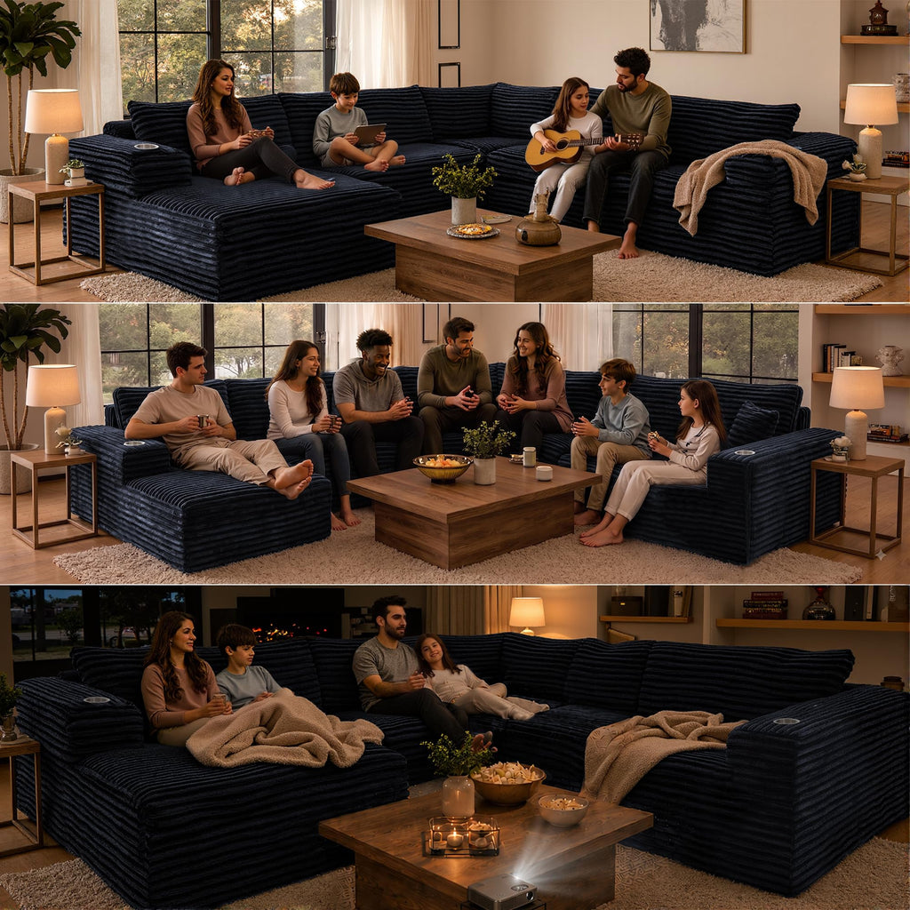122" Oversized Cloud Sectional Couch, 7 Seater U Shaped Sofa Modular Boneless Couch with Chaise | Deep Seater | Cup