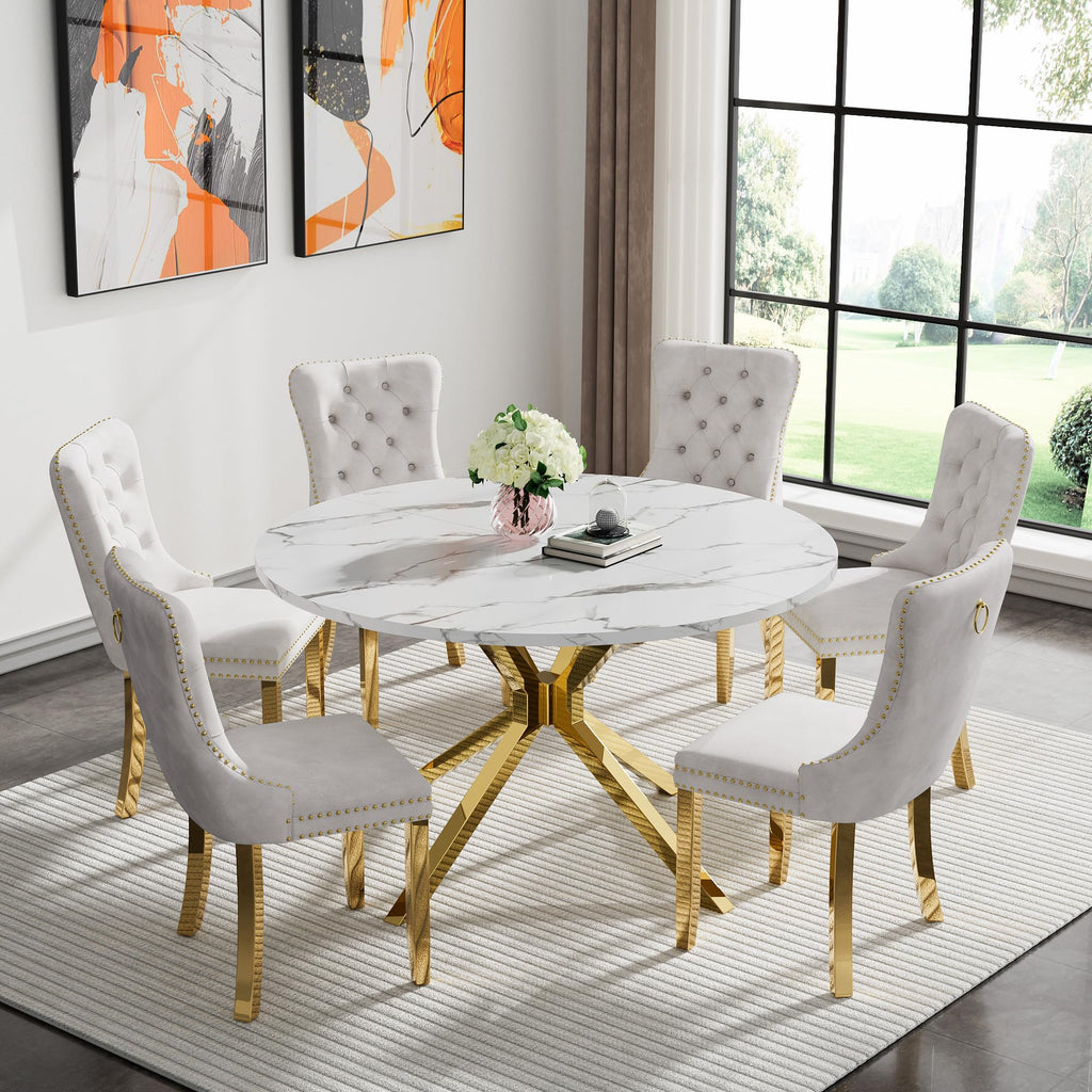 47.2" Round Dining Table Set for 6, White Faux Marble Kitchen Table & 6 Beige Velvet Chairs with Gold Stainless Steel