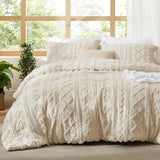 Tufted Boho Comforter Set Queen - Beige Boho Bed Set, GentleSoft 3 Pieces Farmhouse Shabby Chic Embroidery Bedding