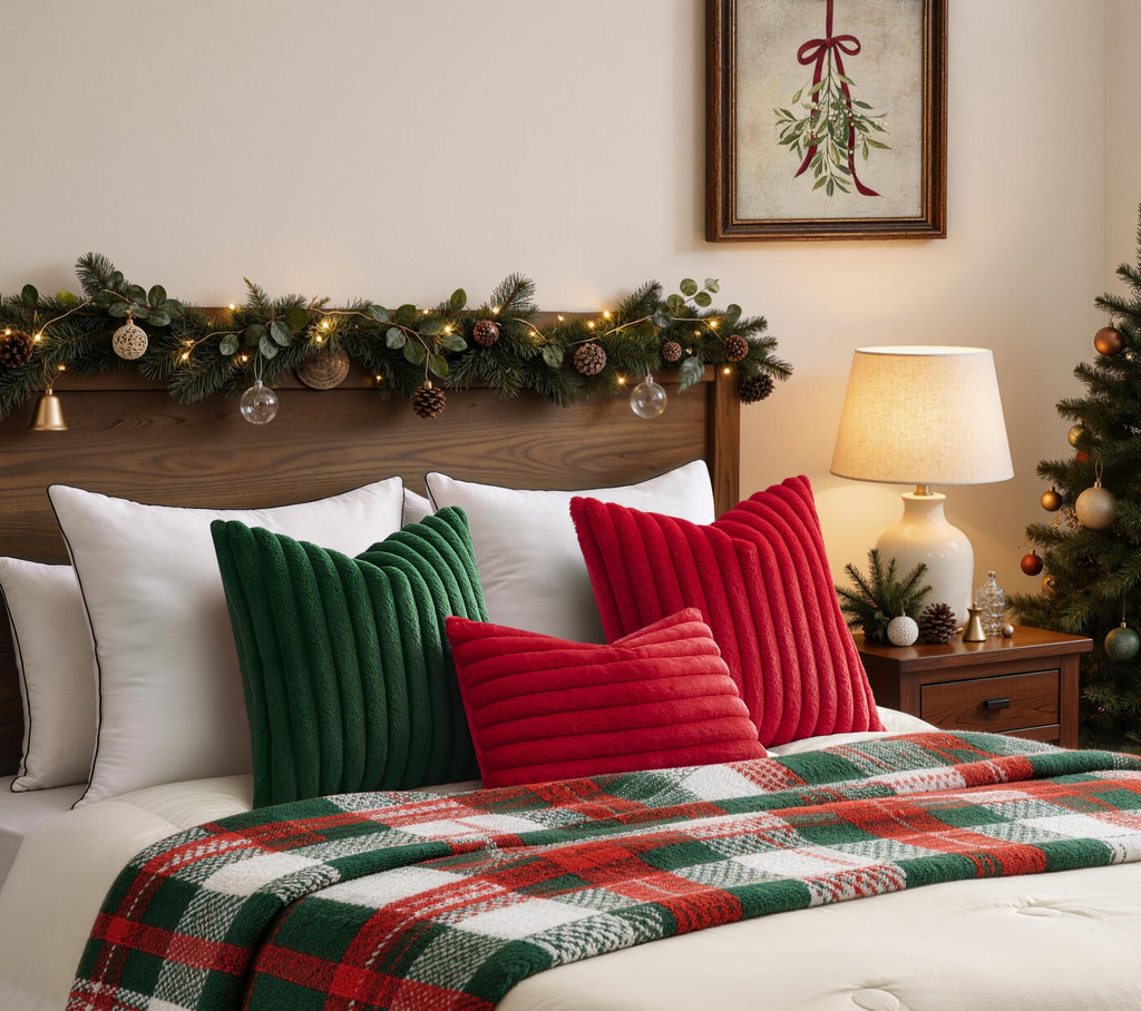 Pack of 2 Christmas Red Pillow Covers 20x20 Inch Decorative Faux Fur Throw Pillow Cover, Soft Lumbar Plush
