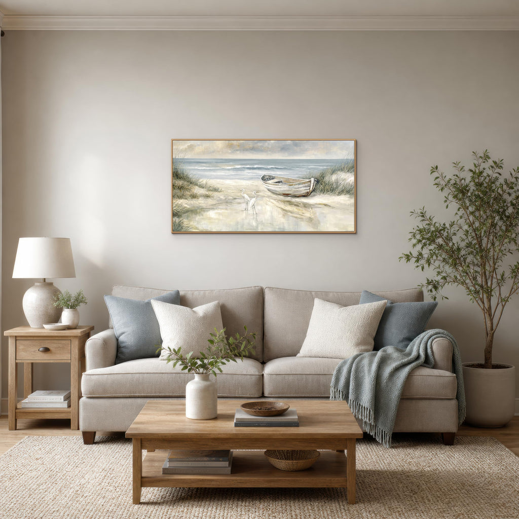Framed Coastal Wall Art, Blue Gray Beach Canvas Print with Rowboat and Shorebirds, Horizontal Ocean Landscape