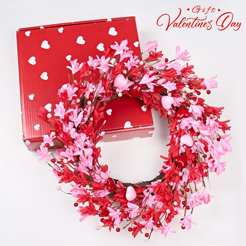 Valentine's Day Wreath 22 Inch Valentines Day Wreaths for Front Door Pink Floral Wreath with Red Love Heart Berries