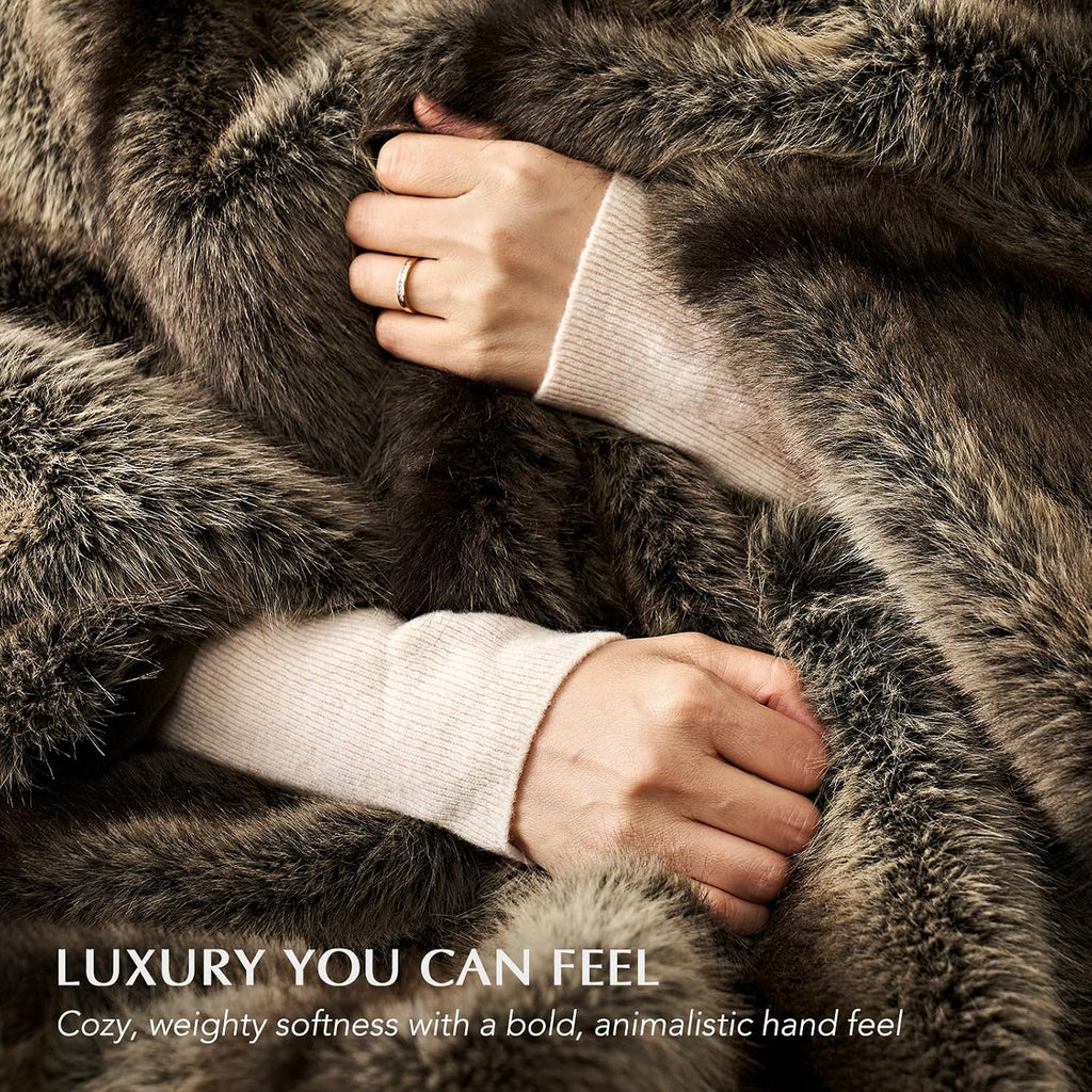 Luxury Faux Fur Throw Blanket, 60"x80", Ombré Sable Brown | Fluffy Faux Mink Blanket, Soft Cozy Plush, Thick Warm