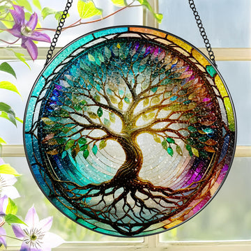 Stained Glass Window Hanging, 8'' Tree of Life Suncatcher, Stained Glass Ornament, Window Decor, Outdoor or Indoor
