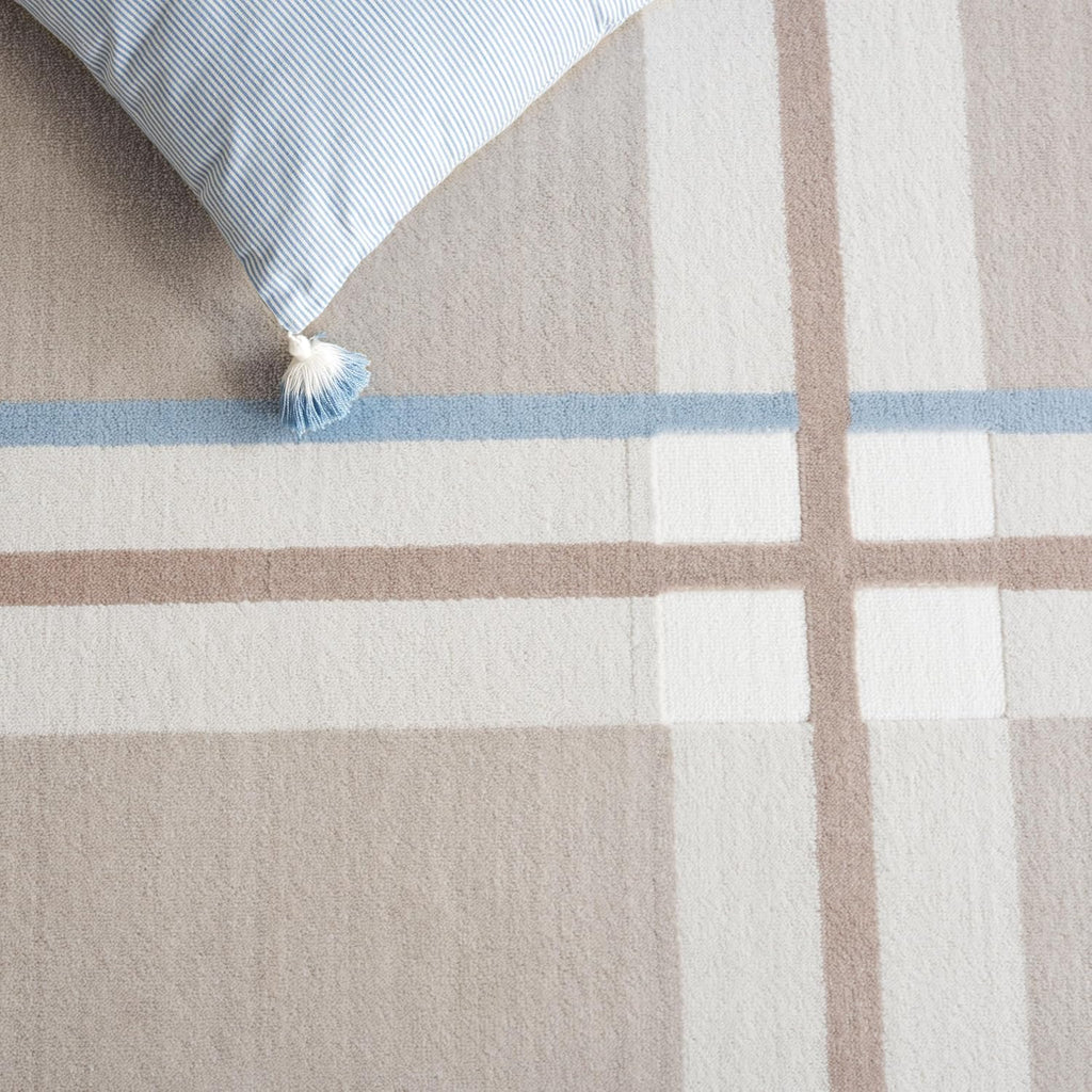 Groove Collection Area Rug - 7' Round, Beige & Light Blue, Plaid Design, Non-Shedding & Easy Care, Ideal for The