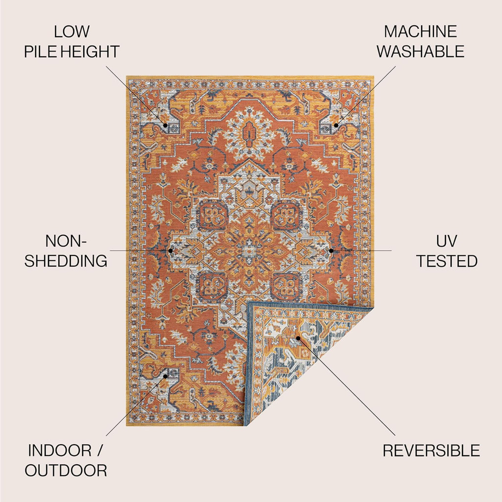 Medallion Reversible Washable Indoor Outdoor Area Rug Terra/Blue/Cream, Bijan Traditional Vintage for Backyard