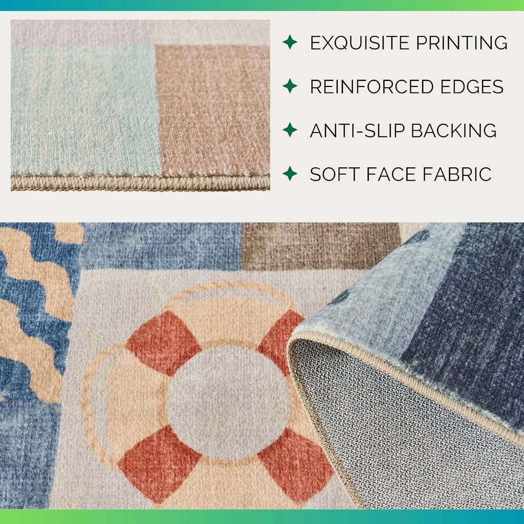 Patchwork Plaid Washable Rug Coastal Classroom (Checkerboard Blue, 5' x 7')