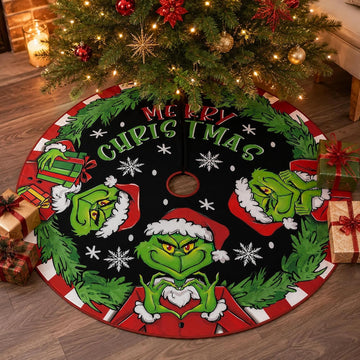 48 Inch Christmas Tree Skirt, Green Character Holiday Tree Skirt with Merry