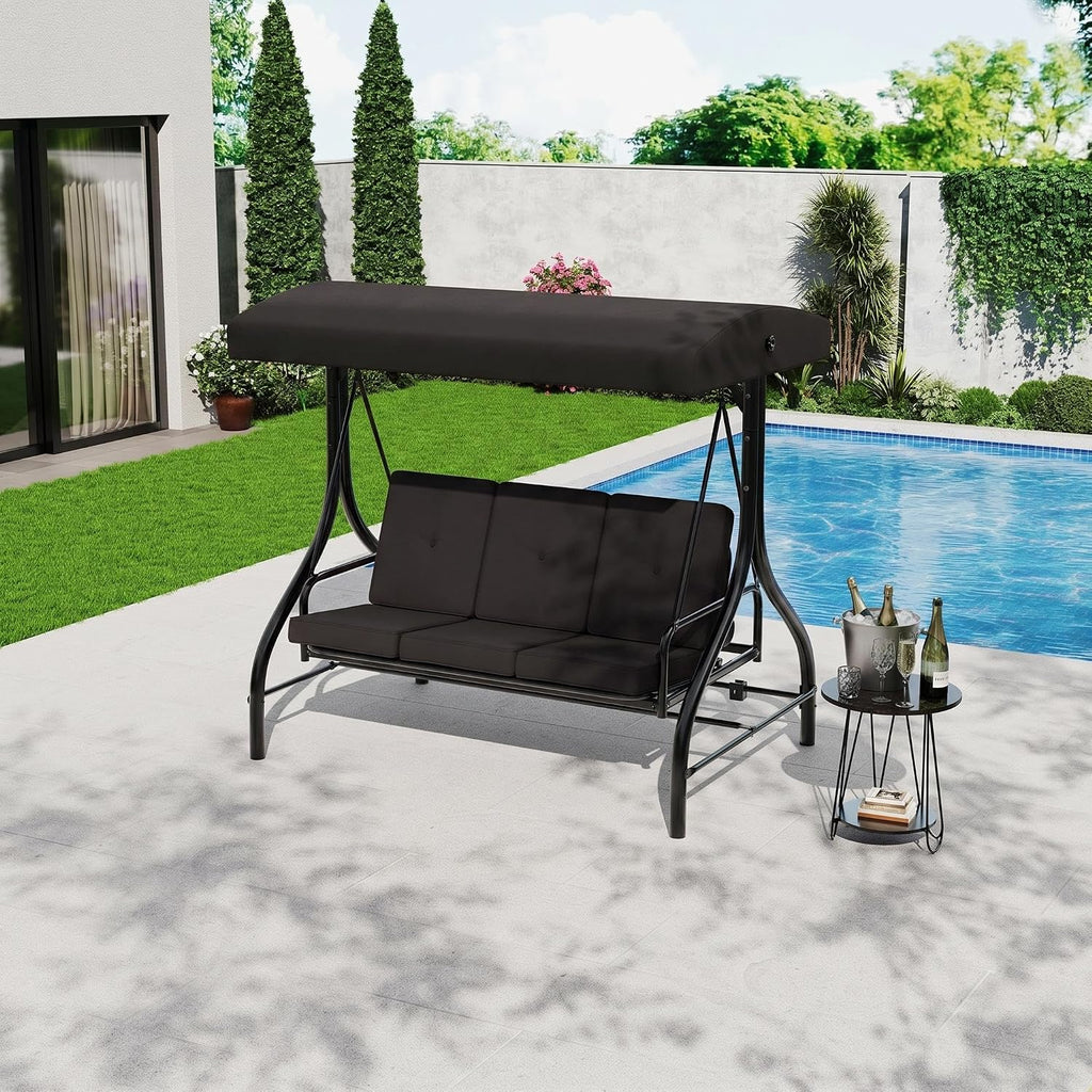Porch Swing with Stand, 3 Seat Outdoor Patio Swing, 2-in-1 Convertible Swing Bed, Stepless Adjustable UV Resistant