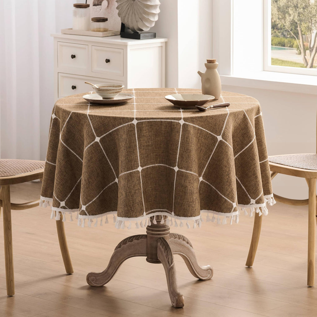 Boho Round Grid Tablecloth with Tassels, Caramel 52in