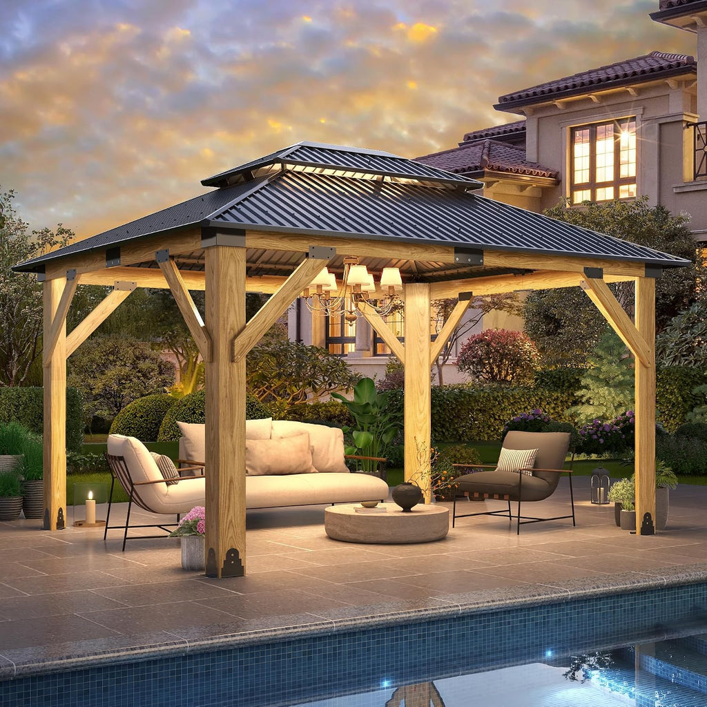 11x13FT Wood Gazebo, Outdoor Wooden Gazebo with Glavanized Steel Double Roof, Hardtop Gazebos