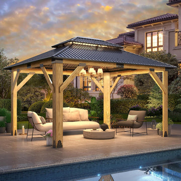 11x13FT Wood Gazebo, Outdoor Wooden Gazebo with Glavanized Steel Double Roof, Hardtop Gazebos
