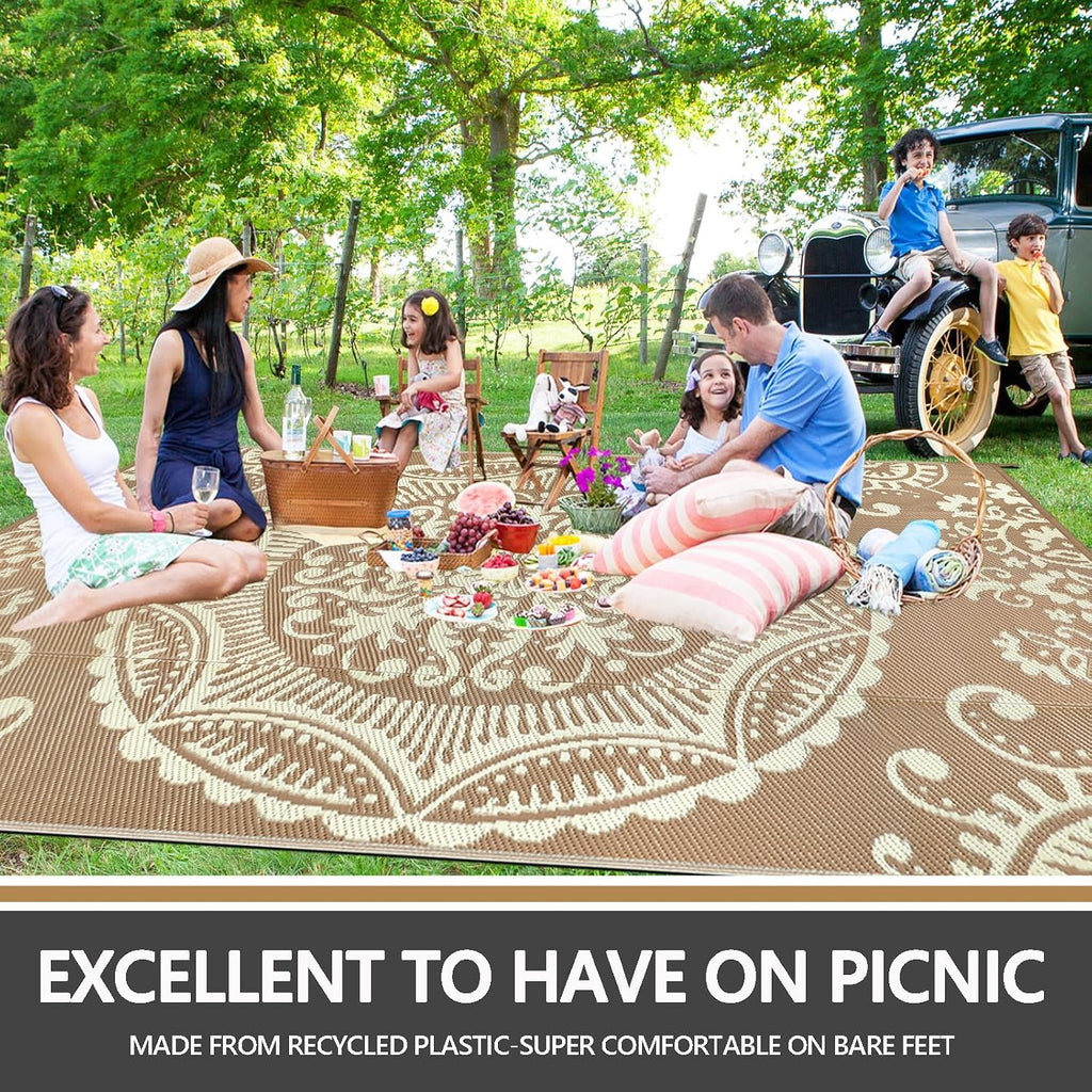 Outdoor Rug 8x10 Patio Waterproof Boho Floral Plastic Straw Rug Large Foldable Vintage Outside Carpet with Carry Bag