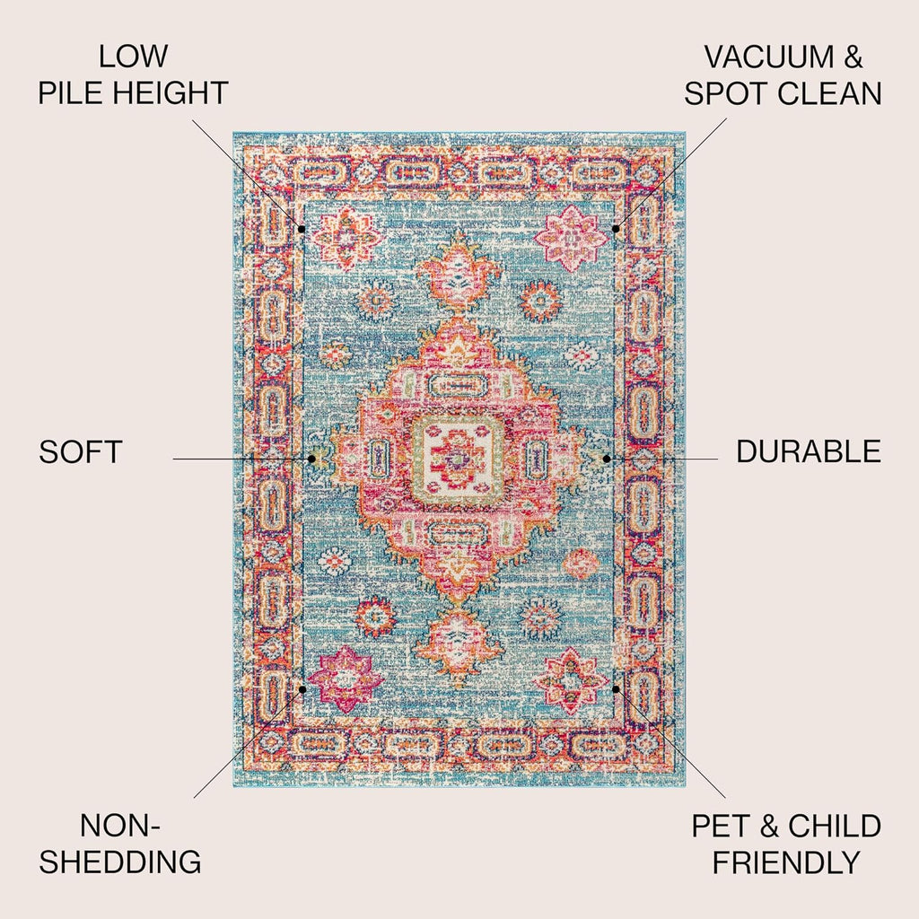 Vintage Boho Blue/Red Indoor Area Rug, Bohemian Flair Traditional Medallion, Floral Easy-Cleaning High Traffic