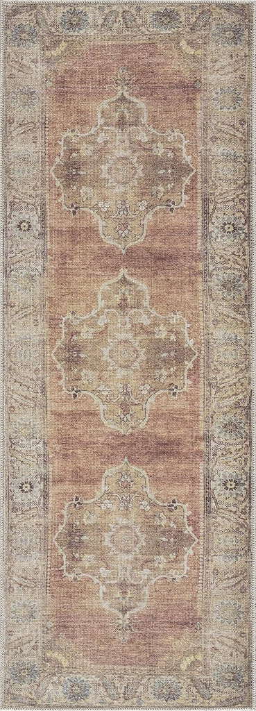 Powhatan Machine Washable Area Rug - Medallion Floral Border Distressed Faded - Traditional Oriental Transitional