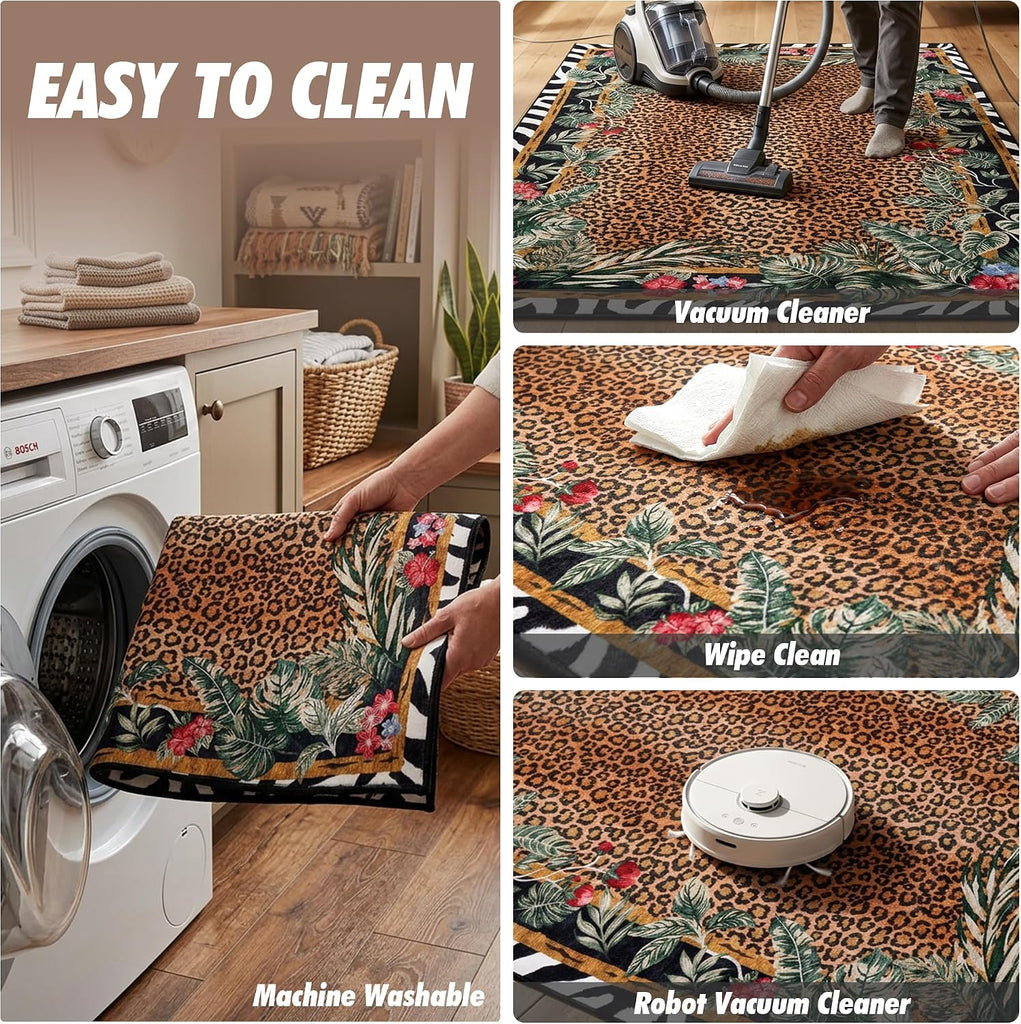 Leopard Area Rugs, Washable Cheetah Rug with Zebra-Striped Border, Non-Slip Low Pile Animal Print Carpet
