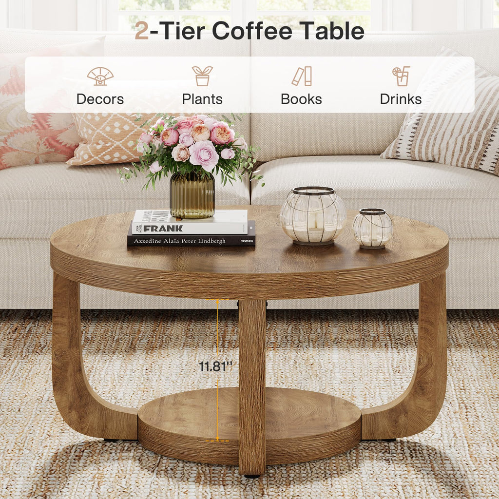 Round Coffee Table, 2-Tier Circle Coffee Table with Storage, Modern Wooden Accent Center Table, Thick Tabletop &
