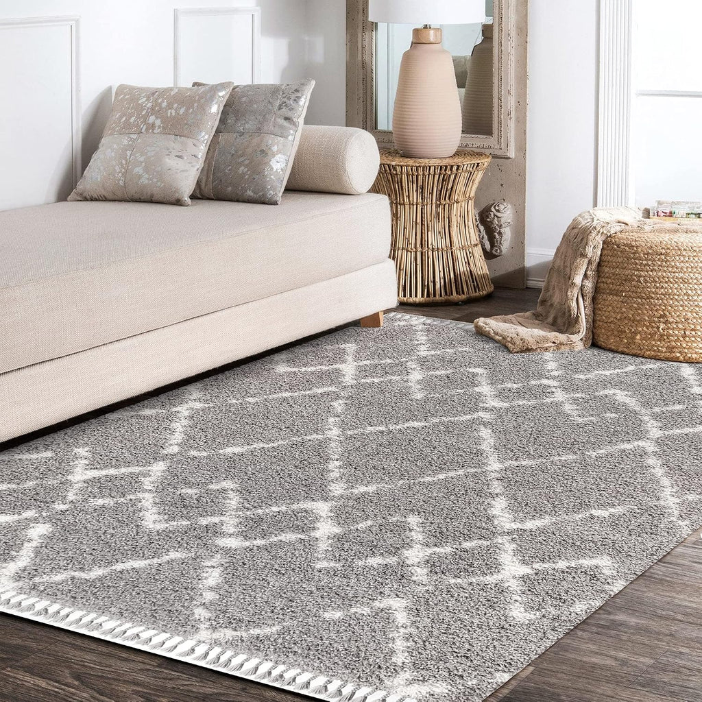 Mercer Shag Plush Tassel Gray/Ivory Indoor Area Rug, Moroccan Geometric Trellis, Contemporary, Easy-Cleaning