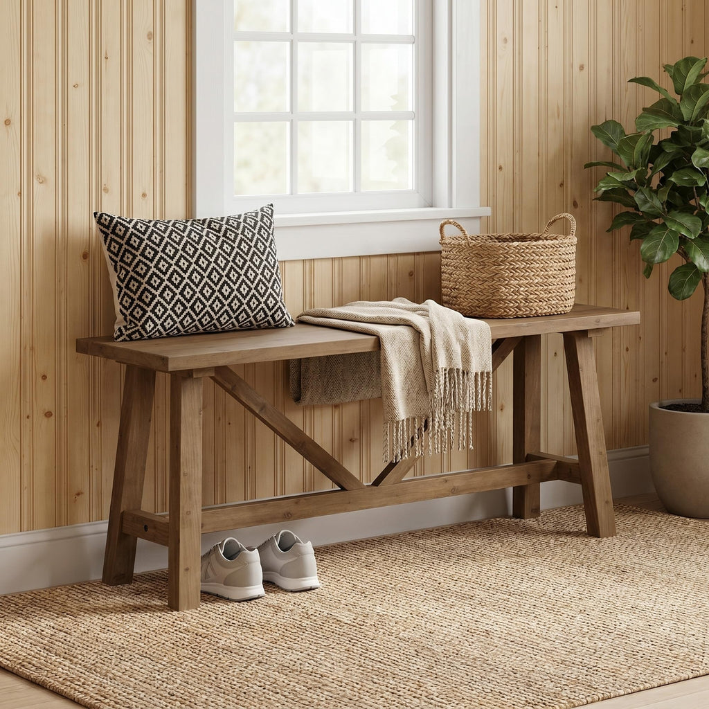 43" Farmhouse Solid Wood Bench, Narrow Long Seat, Natural