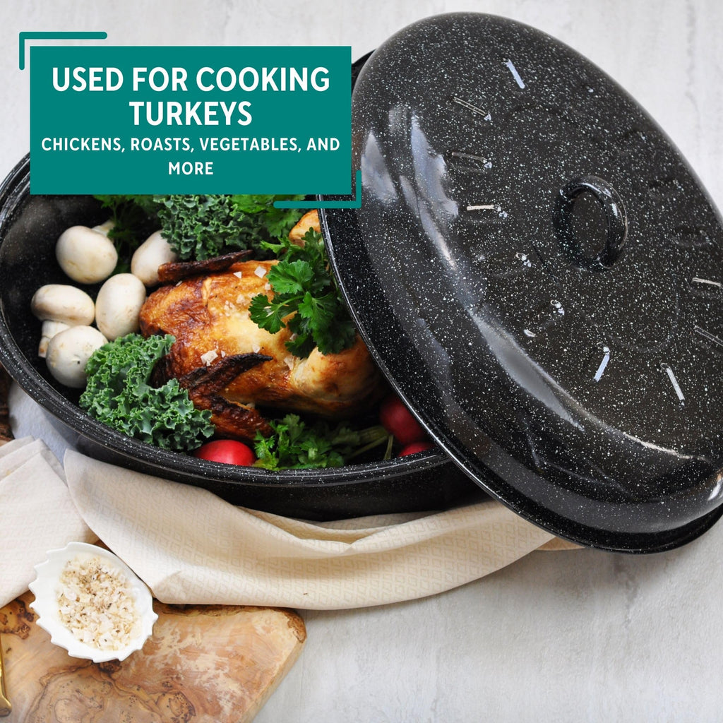 18 Inch Enamel Oval Roaster with Lid for Turkey, Black