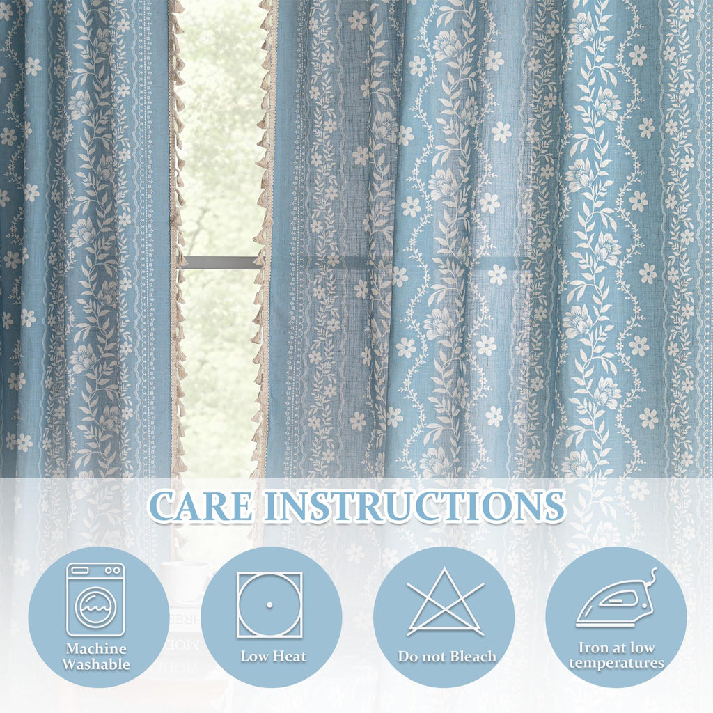 Dusty Blue Boho Floral Curtains 72 Inch Length Linen Blend