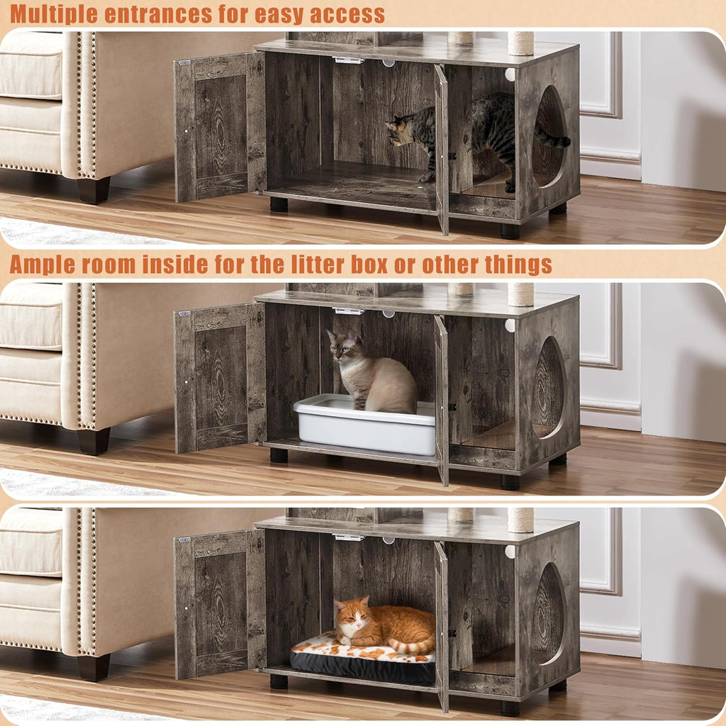 Litter Box Enclosure with Cat Tree, All-in-one Indoor Kitten House w/Scratching Posts, Wooden Cat Litter Box