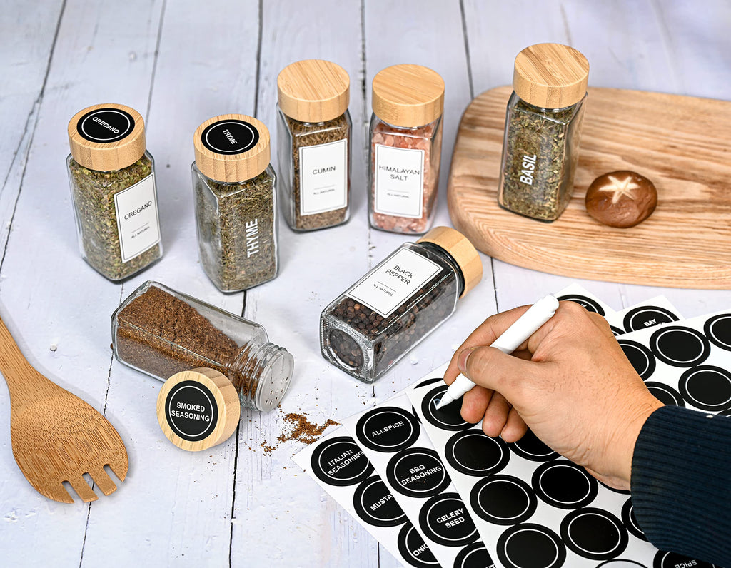 Glass Spice Jars with Label Set, Bamboo Lids & Funnel - Kitchen Airtight Storage Jars with Lids - Spices and