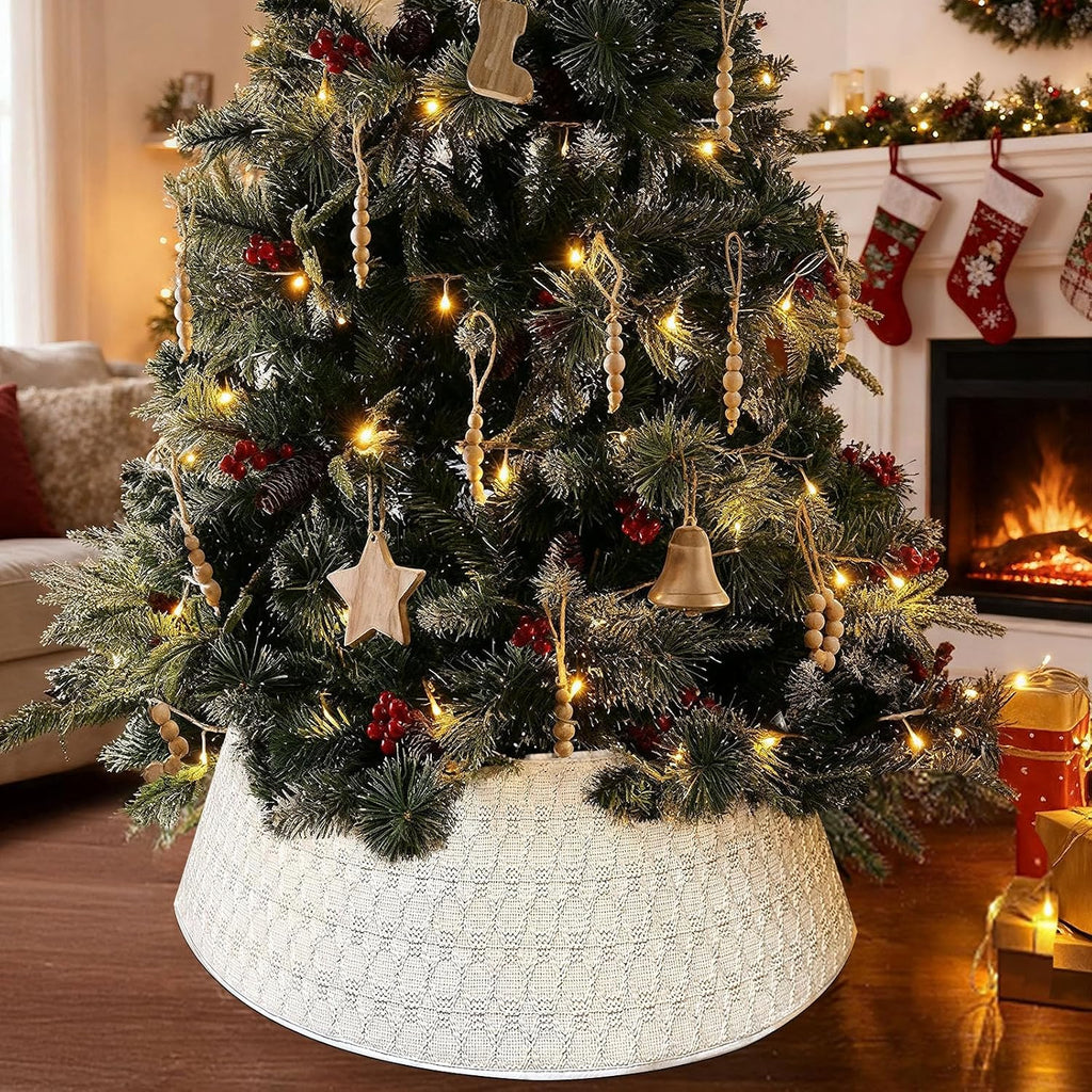 28 Inch Knit Christmas Tree Skirt, Cream White Boho Christmas Tree Collar