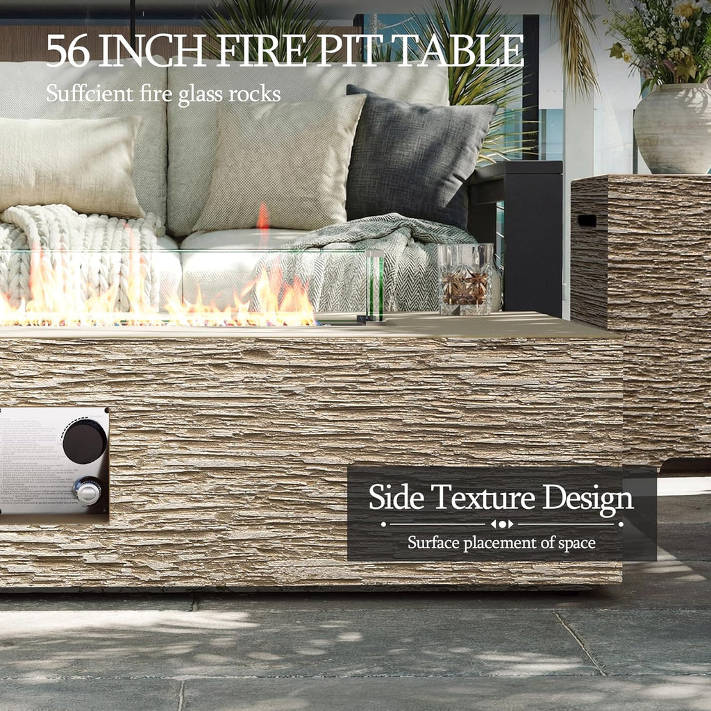 56-inch Outdoor Propane Gas Fire Pit Table 50000 BTU Concrete Rectangle FirePit for Outside Patio with Propane Tank