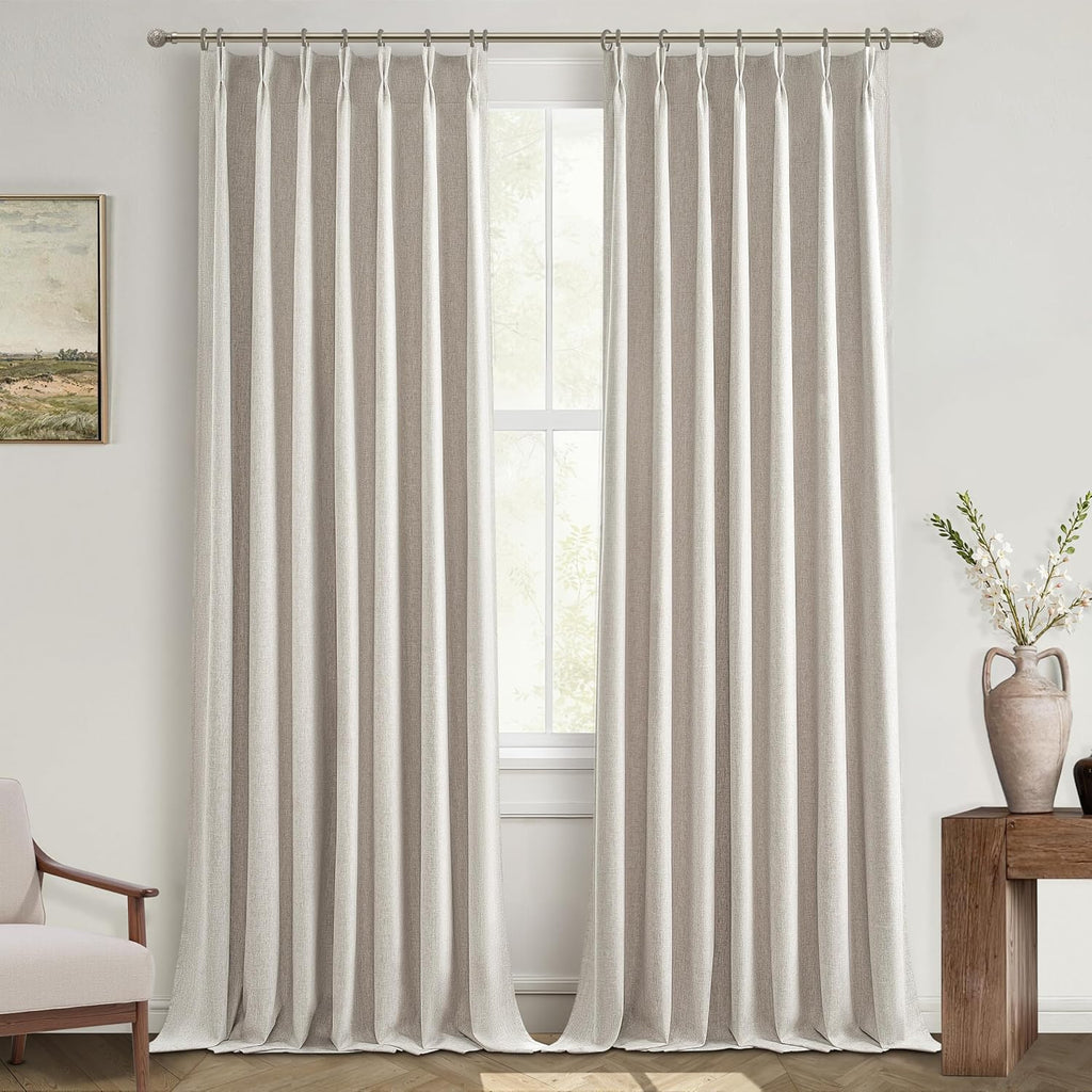 Pinch Pleated 92 Inch Curtains Blackout for Bedroom 2 Panels Set, Natural Linen Farmhouse Viral for 92-93 Inches