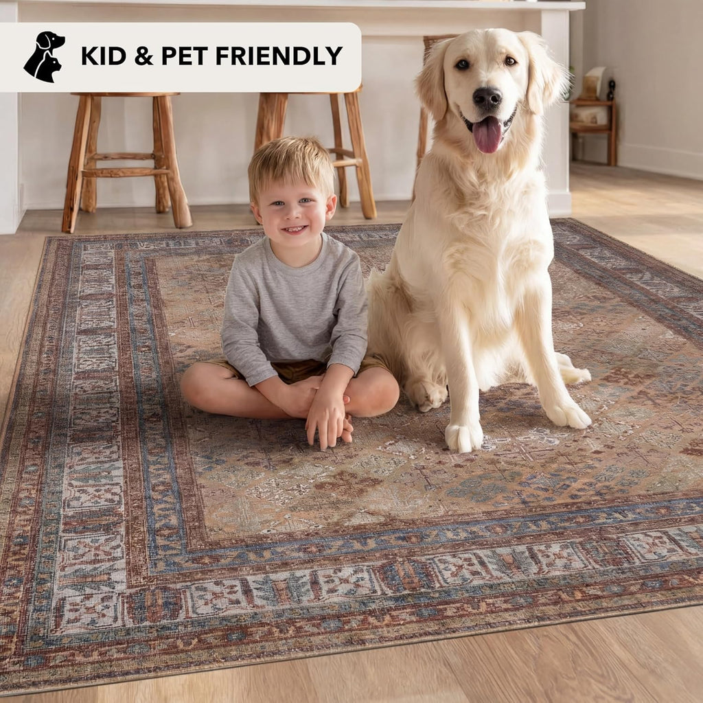 9x12 Large Area Rug, Machine Washable Area Rug with Non-Slip Backing, Vintage Style, Soft, Easy Clea