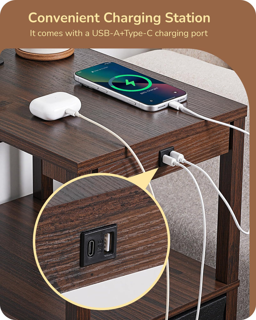 Floor Lamp with Table Dimmable USB Type-C Ports, Fire-Burned Wood