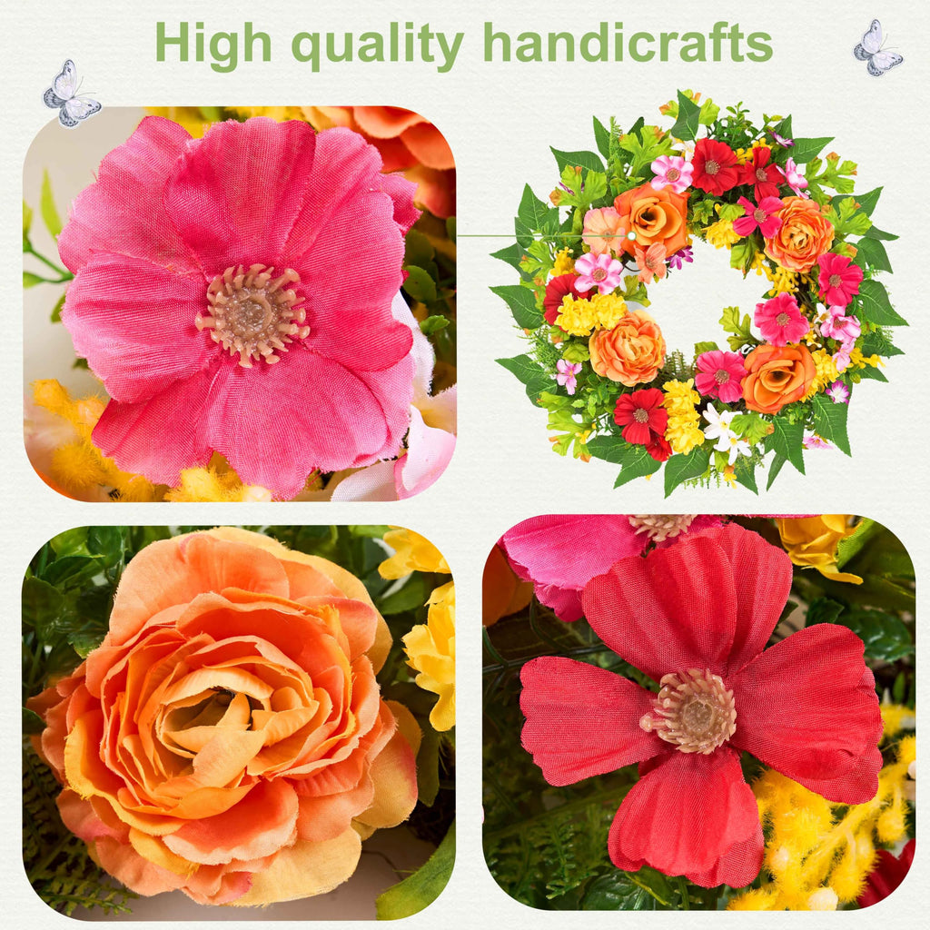 20 Inch Spring Wreath for Front Door, Artificial Silk Flower Wreath on Grapevine Base with Orange Rose-Style Blooms