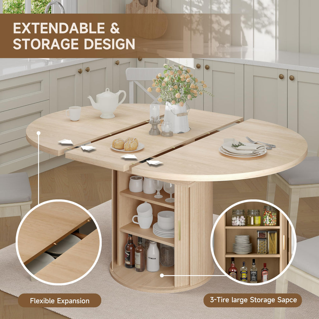 47"-63" Extendable Round Dining Table for 4-8 with Storage, Mid Century Modern Farmhouse Wood Oval Dinner Table with