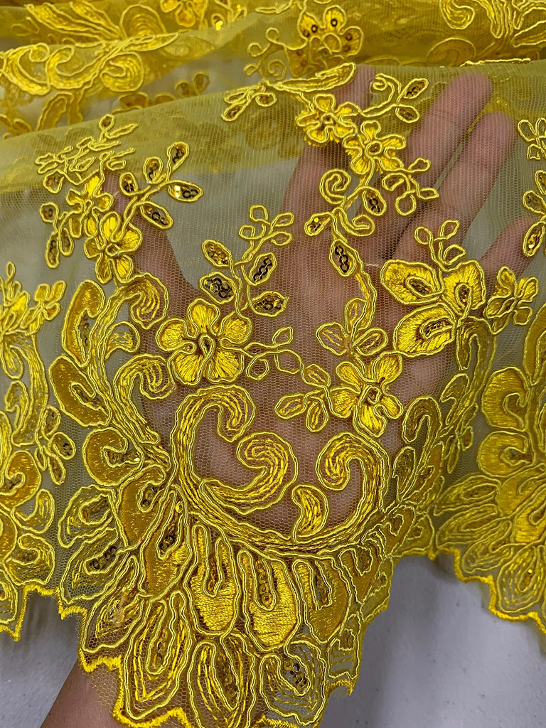 Melody Bright Yellow Polyester Floral Embroidery with Sequins on Mesh Lace Fabric by the Yard for Gown, Wedding
