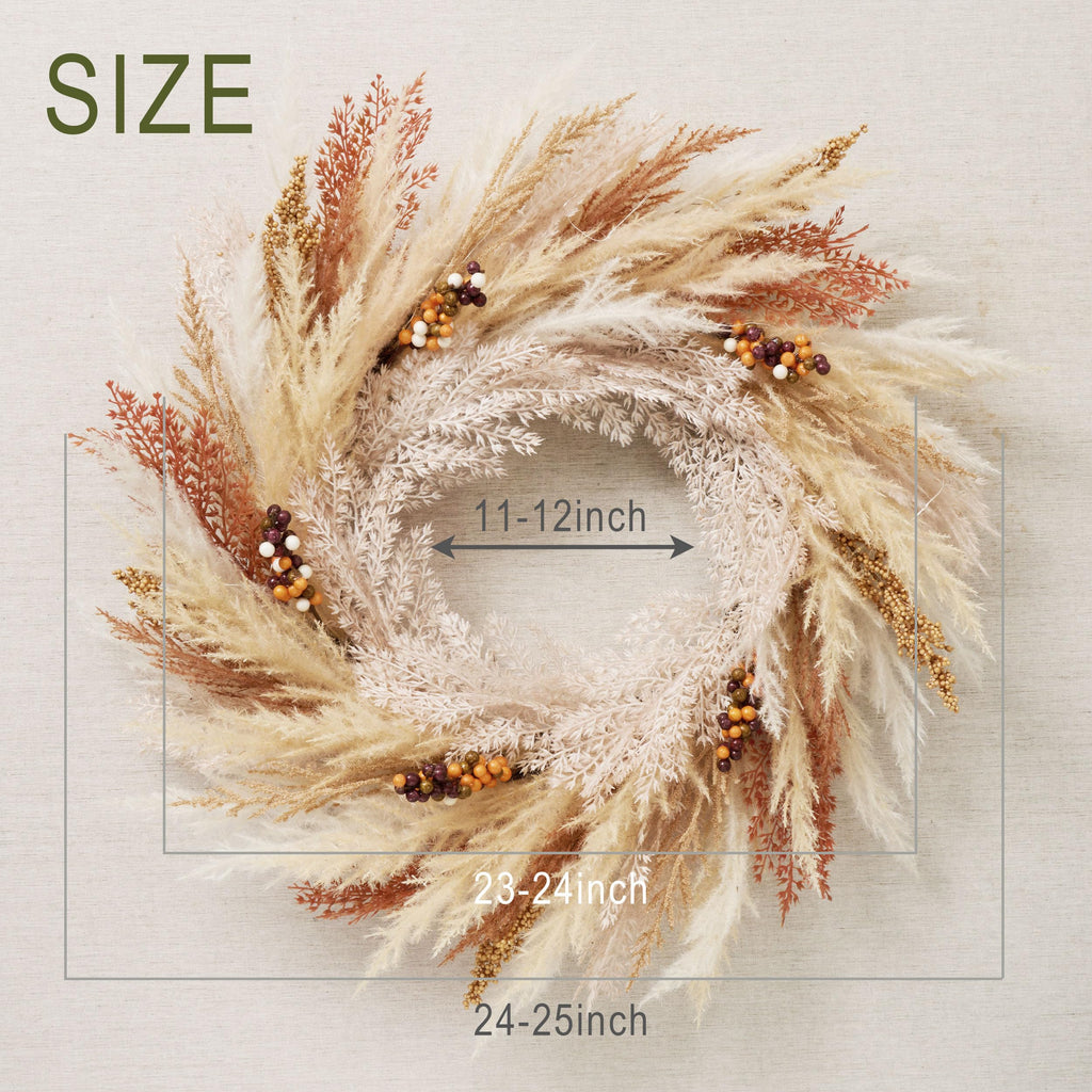 24'' Neutral Fall Pampas Wreath with Lights for Front Door
