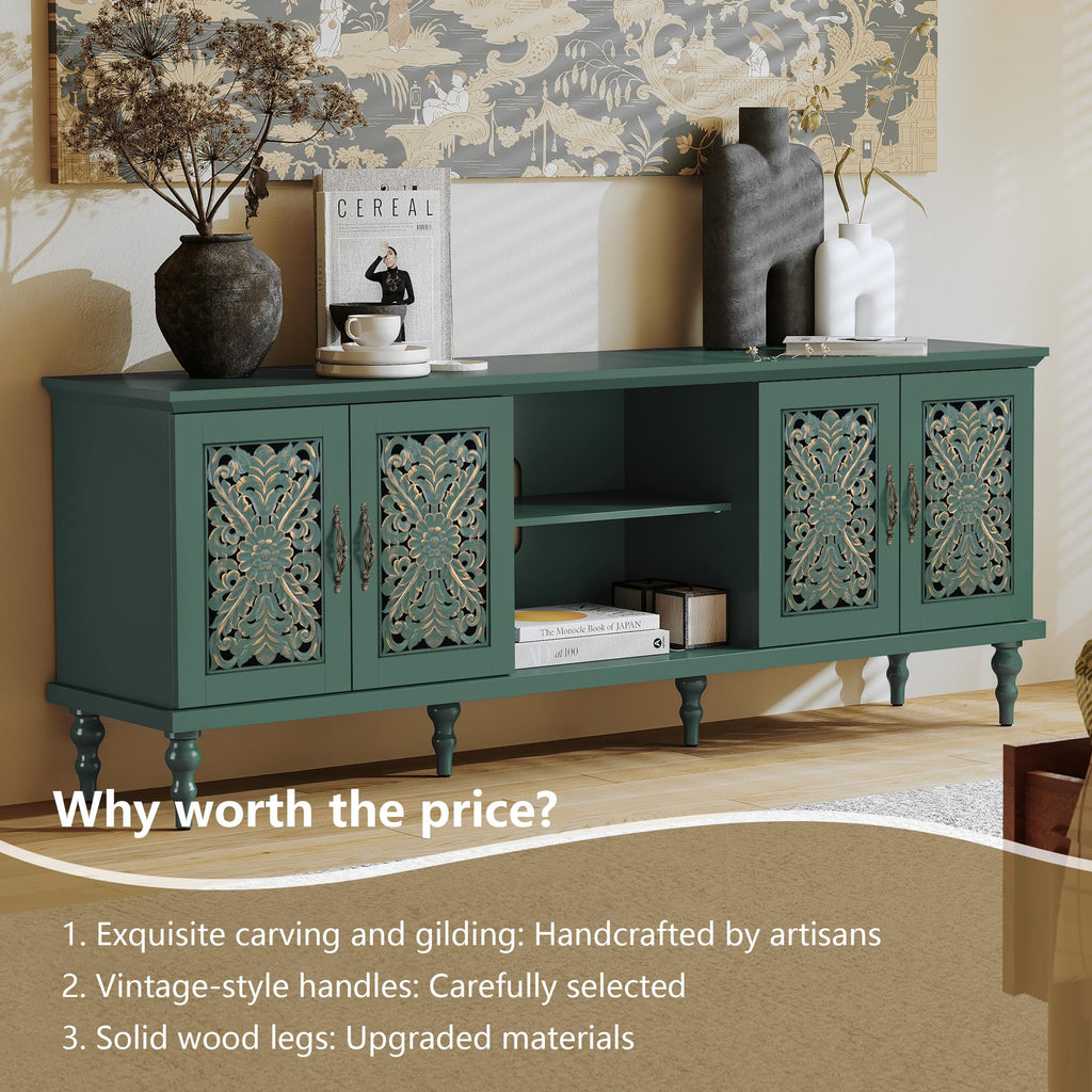 67" Retro TV Stand with Hollow Carved Doors, Green