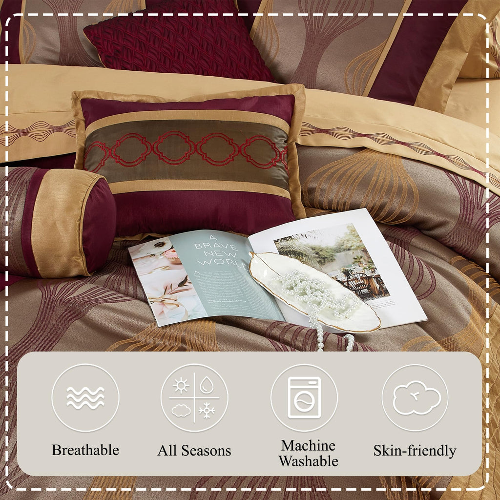 Wine Gold 7 Pieces Lightweight Microfiber Bed-in-a-Bag Comforter Bedding Set, Jacquard Queen Comforter Set, All