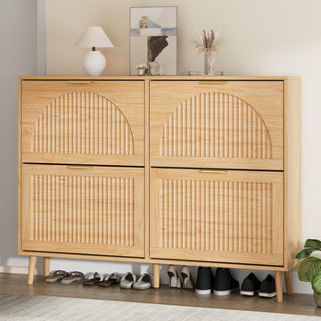 Fluted Shoe Cabinet with 4 Flip Drawers, Narrow Wood Shoe Storage Cabinet, Slim Shoe Rack, Freestanding Shoe Cabinet