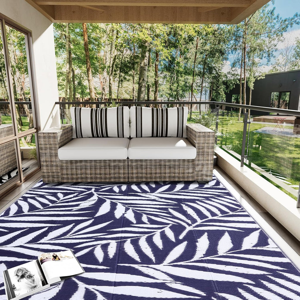 Waterproof Outdoor Rug 9x12 ft, Reversible Outdoor Plastic Straw Rug with Leaf Pattern, RV Mat, Indo