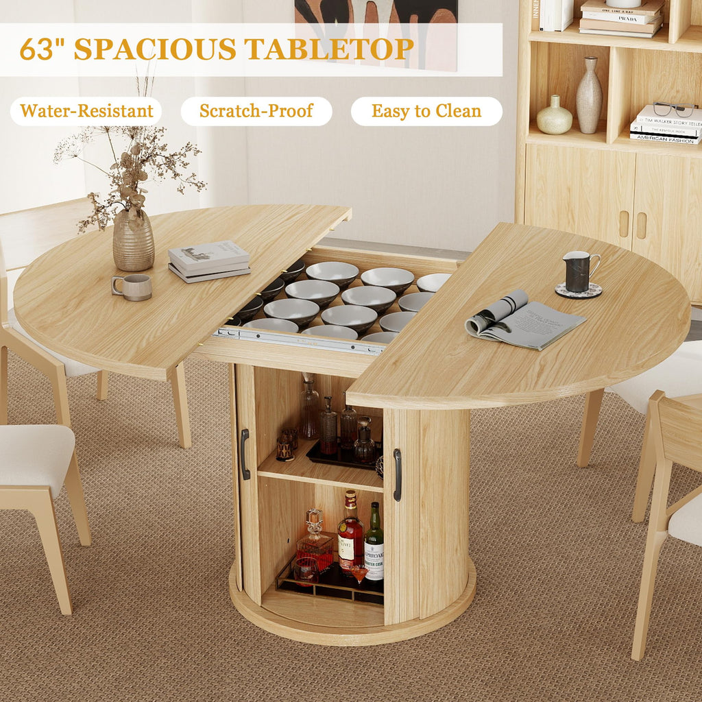 47.2"-63" Extendable Dining Room Table for 4-8, Round-to-Oval Expandable Dining Table with Dust-Proof 2-Tier Shelf