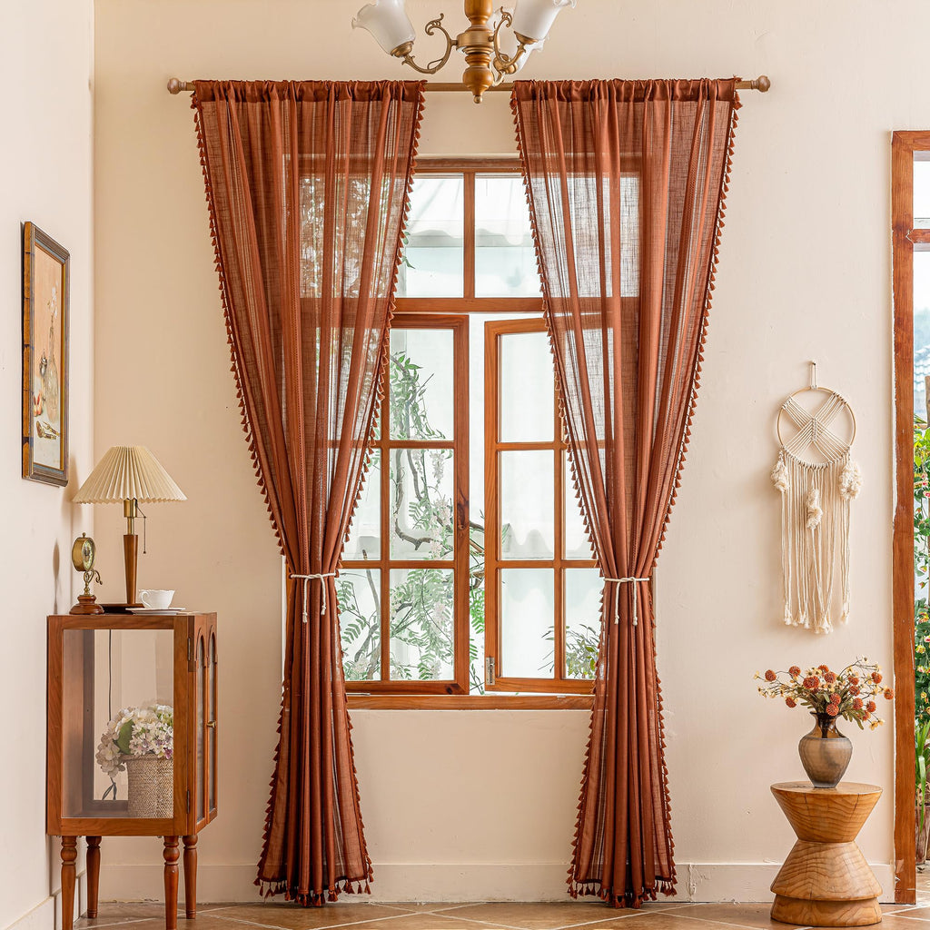 Bohemian Farmhouse Ceiling Curtains with Macrame, Semi Sheers Light Filtering Privacy Protect Hollowed-Out Window