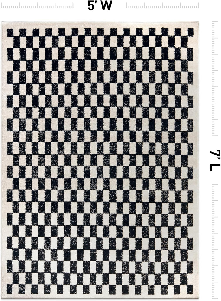 Contemporary Checkered Grid Contrast Area Rug Soft Black