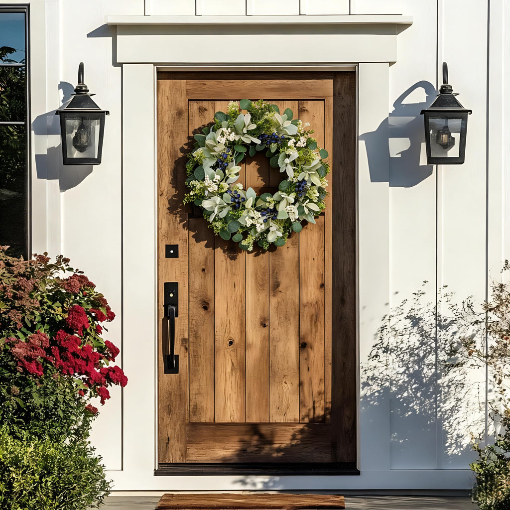22 Inch Wreaths for Front Door, Green Spring Summer Wreath with Faux Lamb's Ear, Eucalyptus Leaves, White & Blue