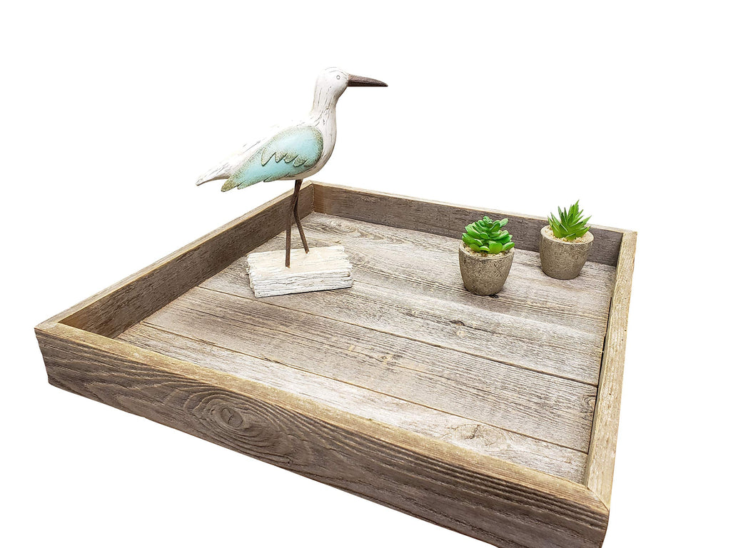 Farmhouse Rustic Weathered Reclaimed Wood 24 x 24 Inch Square Ottoman Tray for Coffee Table or Kitchen Counter Decor