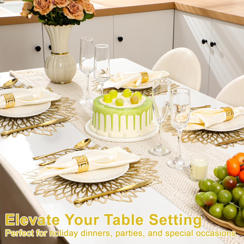 Set of 4 Round Placemats Gold, Heat-Resistant PVC Table Mats with Luxury Metallic Glossy Finish for Thanksgiving