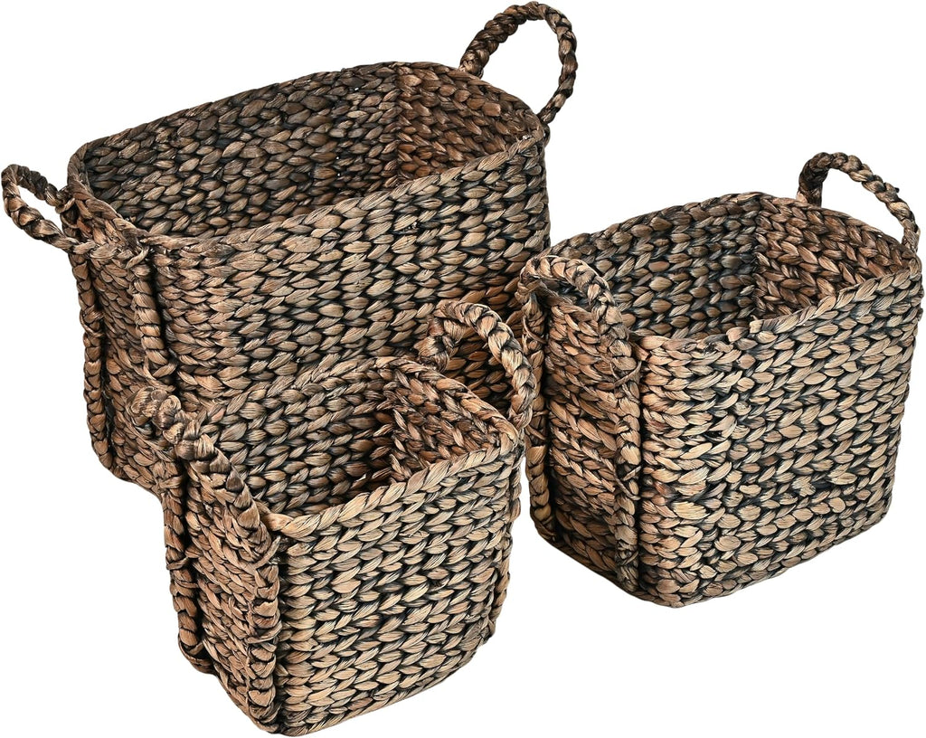 Clara 3-Piece Nesting Water Hyacinth Floor Baskets 17", Brown | Farmhouse Classic Handwoven Rectangle Wicker Seagrass