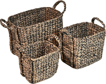Clara 3-Piece Nesting Water Hyacinth Floor Baskets 17", Brown | Farmhouse Classic Handwoven Rectangle Wicker Seagrass